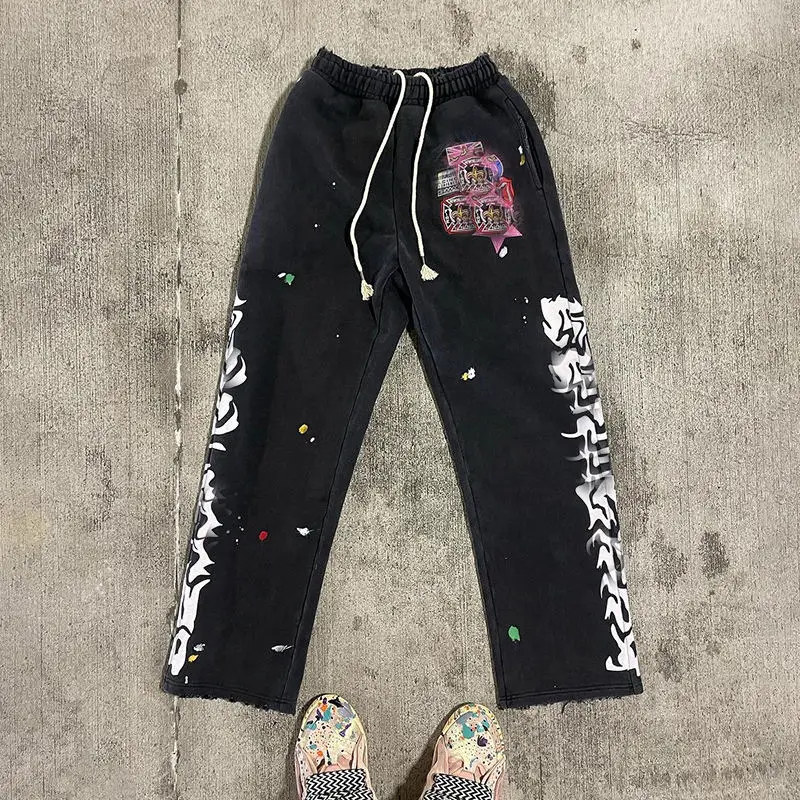 Custom Logo Printed Joggers Pants Men Cotton Acid Washed Heavyweight Distressed Graffiti Embroidery Sweatpants