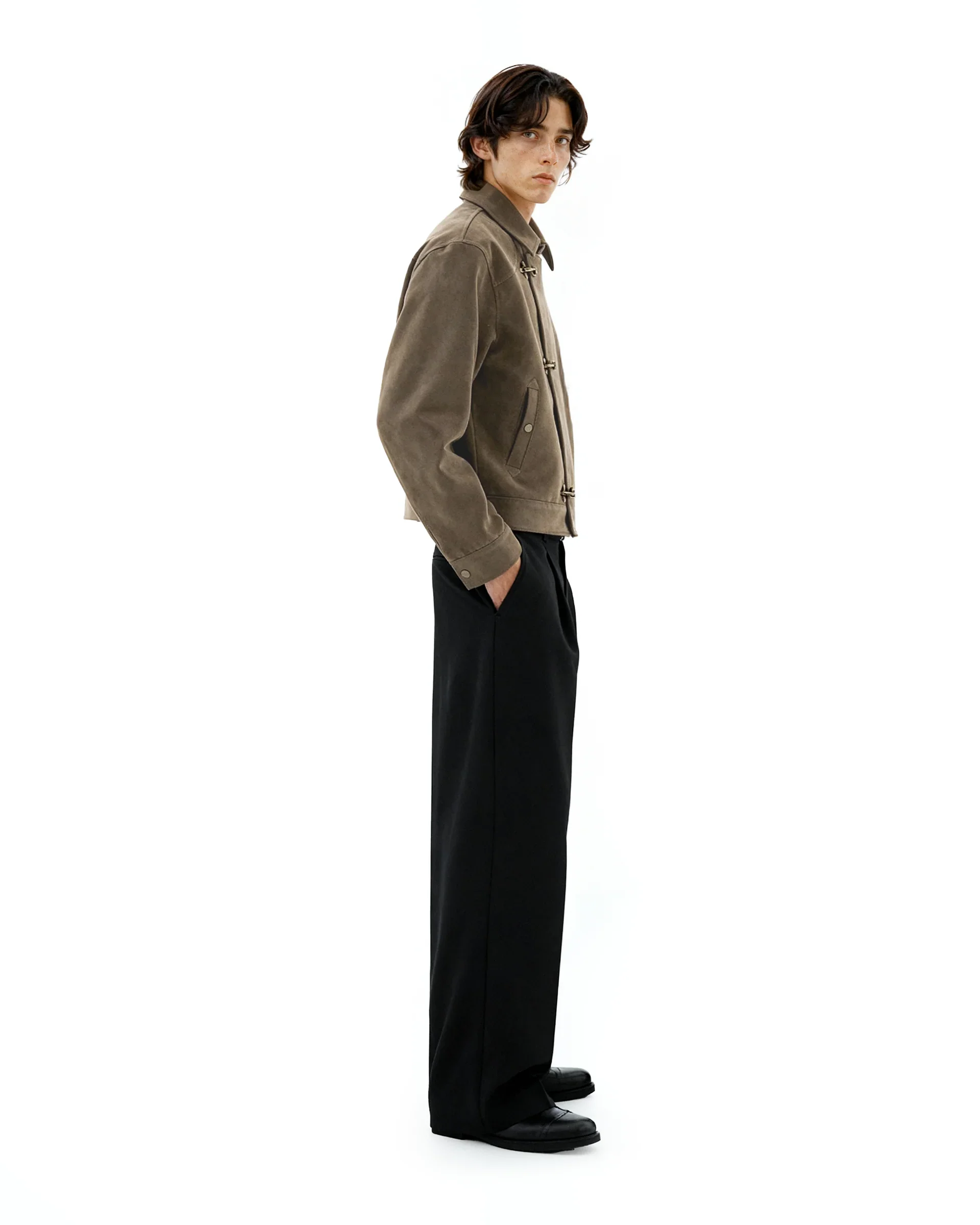 Salati Custom Asymmetric Fireman Buckle Mid Crop Suede Jacket gallery 6