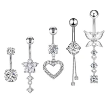 5Pcs/Set Surgical Stainless Steel Dangle Belly Button Rings for Women Navel Ring Piercing Jewelry  Heart Flower Butterfly  14G