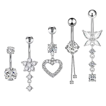 5Pcs/Set Surgical Stainless Steel Dangle Belly Button Rings for Women Navel Ring Piercing Jewelry  Heart Flower Butterfly  14G