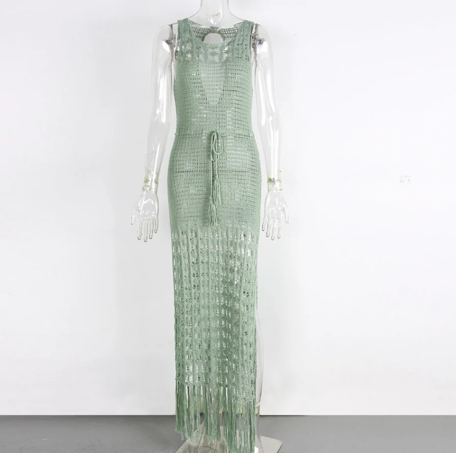 STOCK Two Colors High Neck Ties Front Long Crochet Dress Cotton Fringe Hem Beach Cover Ups Kimono