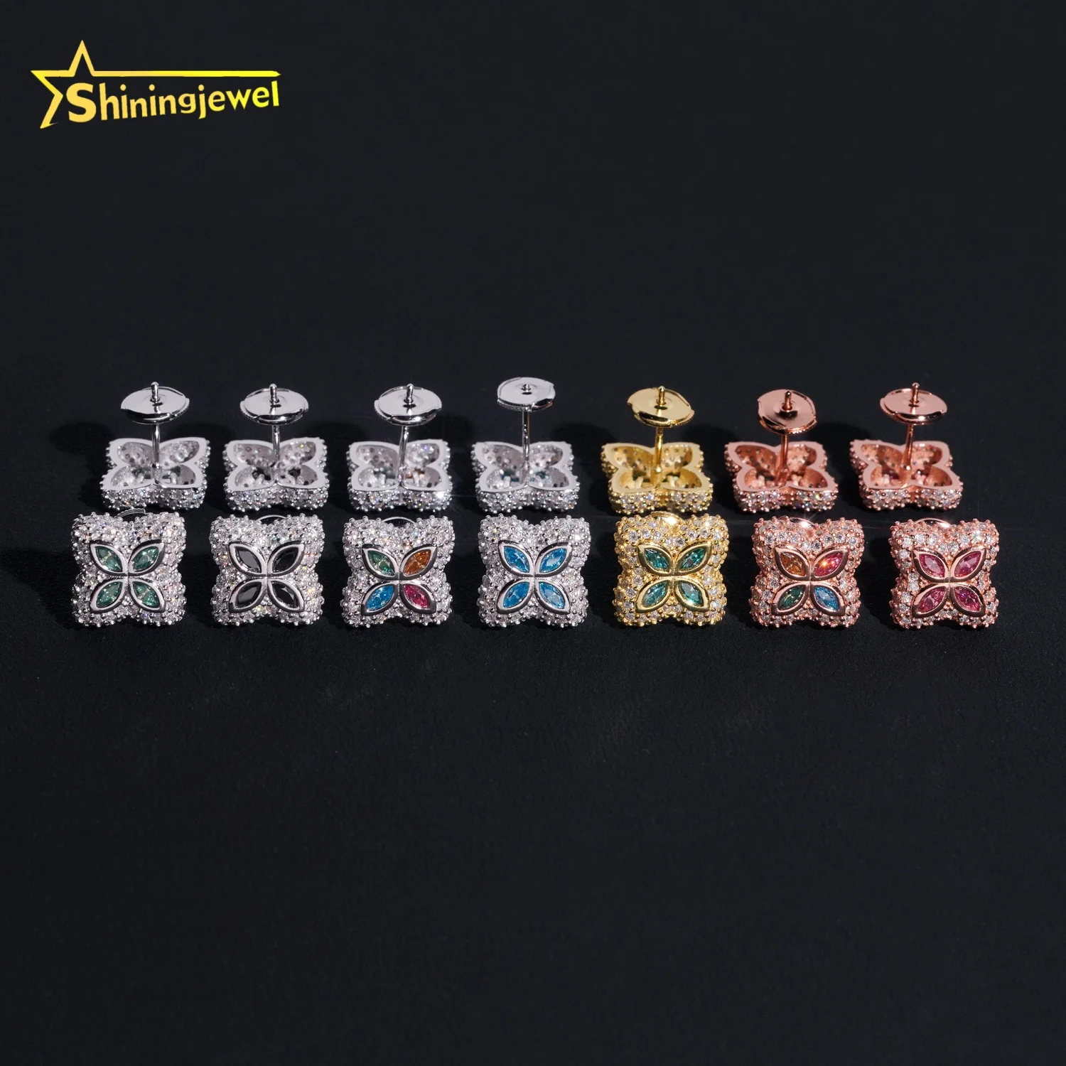 Custom Hip Hop Mens Iced Out 925 Silver Clover Flower Earrings