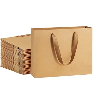 Heavy-Duty Kraft Brown Paper Gift Bags with Soft Cloth Handles Flat Handle Design for Parties Shopping Weddings Promotions