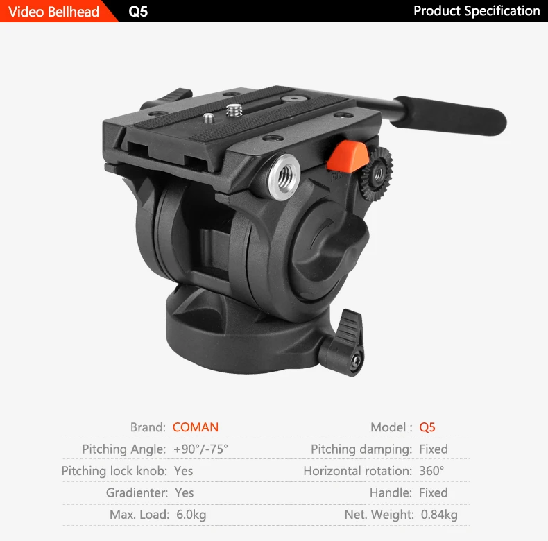 Source Comanプロフェッショナル軽量ビデオ流体三脚ボールヘッドQ5 on