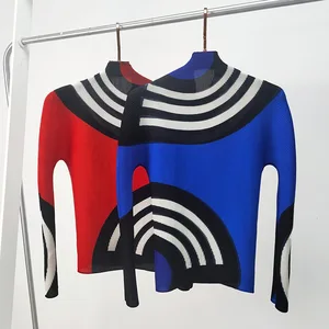 High Quality Wholesale Factory Miyake Pleated Stripe Top Women Casual Style Shirt Pleats Long-Sleeved T-Shirt