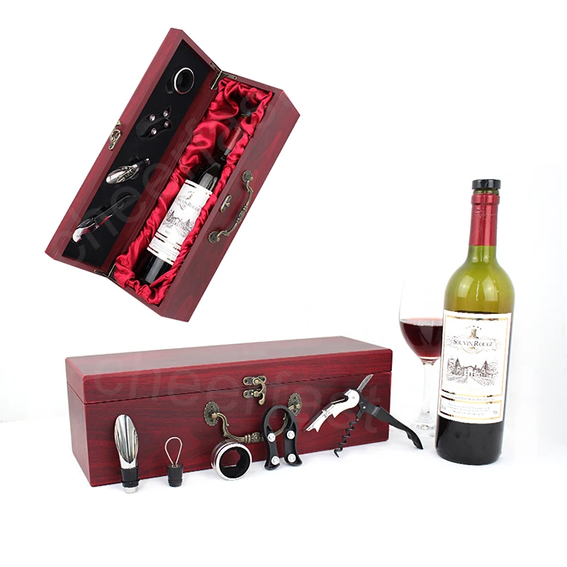Most Popular 750ML Red Wine Single Bottle Gift Box and 4 Piece Accessories Kit With Metal Handle Wine Wooden Single Box