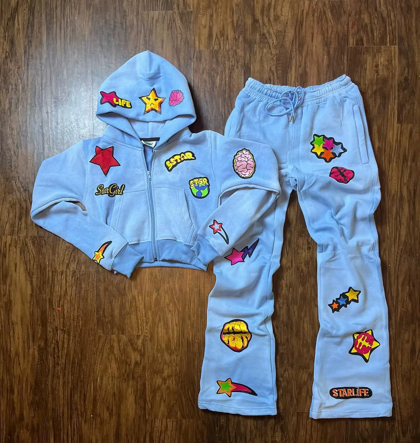 Salati Custom Logo Unisex Female Hoodie Set Outfit Embroidery Acid Wash Distressed Jogger Jogging Sweat Suit Sweatsuit Set Women gallery 10