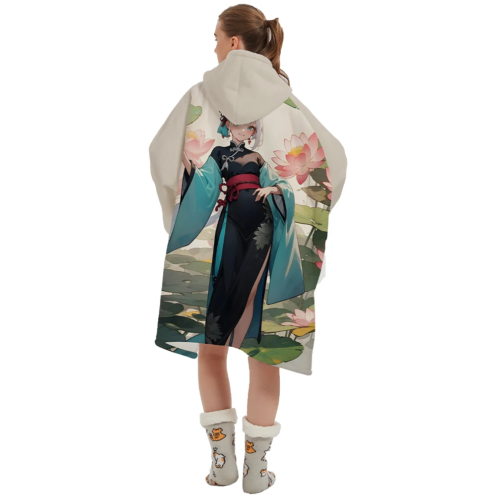 Original Factory Custom Anime Design Sherpa Sweatshirt Wearable Hooded Blankets Oversized Hoodie Blanket