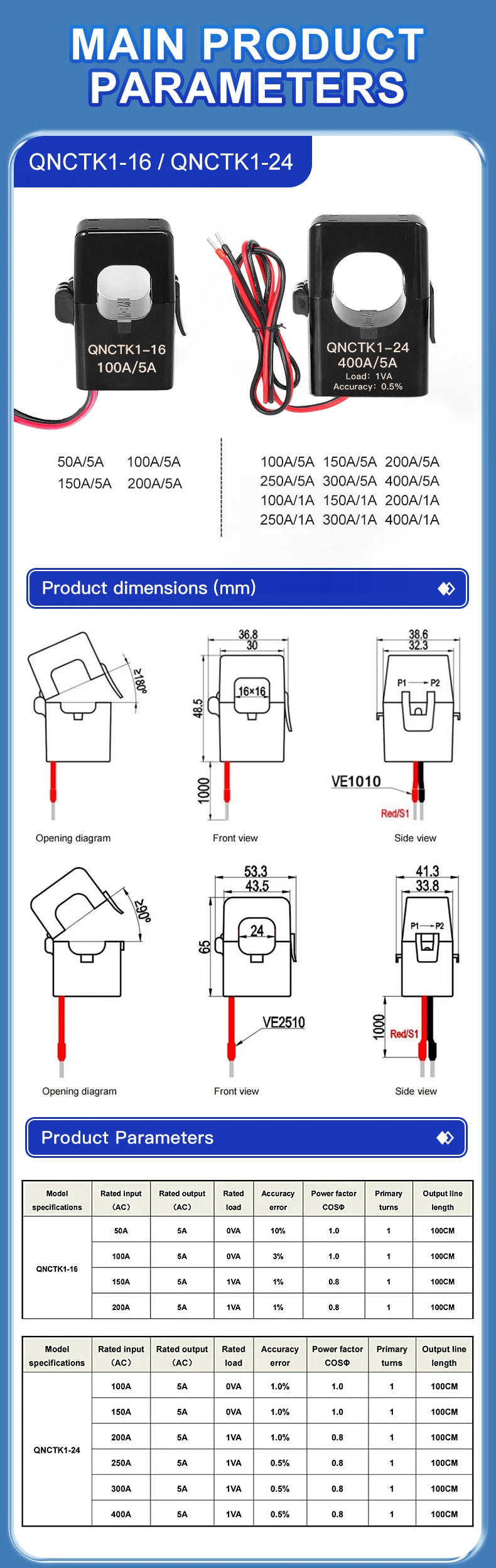 Split Core Current Transformer QNCTK1-36 300/5 400/5 500A 600A 5A 0.5 Class Current Sensor Open Type Current Transducer Clamp Ct