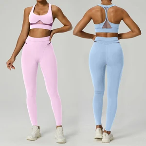 XW-AWB6541+AWL6541 Wholesale Activewear Gym Outfit Mesh Sports Padded Bra Low Waist Leggings Women's Custom Yoga Set