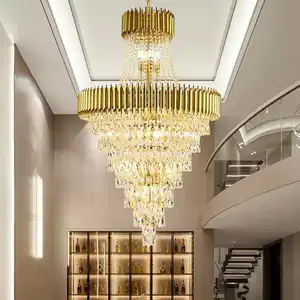 Hotel Villa Custom Luxury Hanging Pendant Light Gold Large Led Long Staircase K9 Crystal Chandeliers