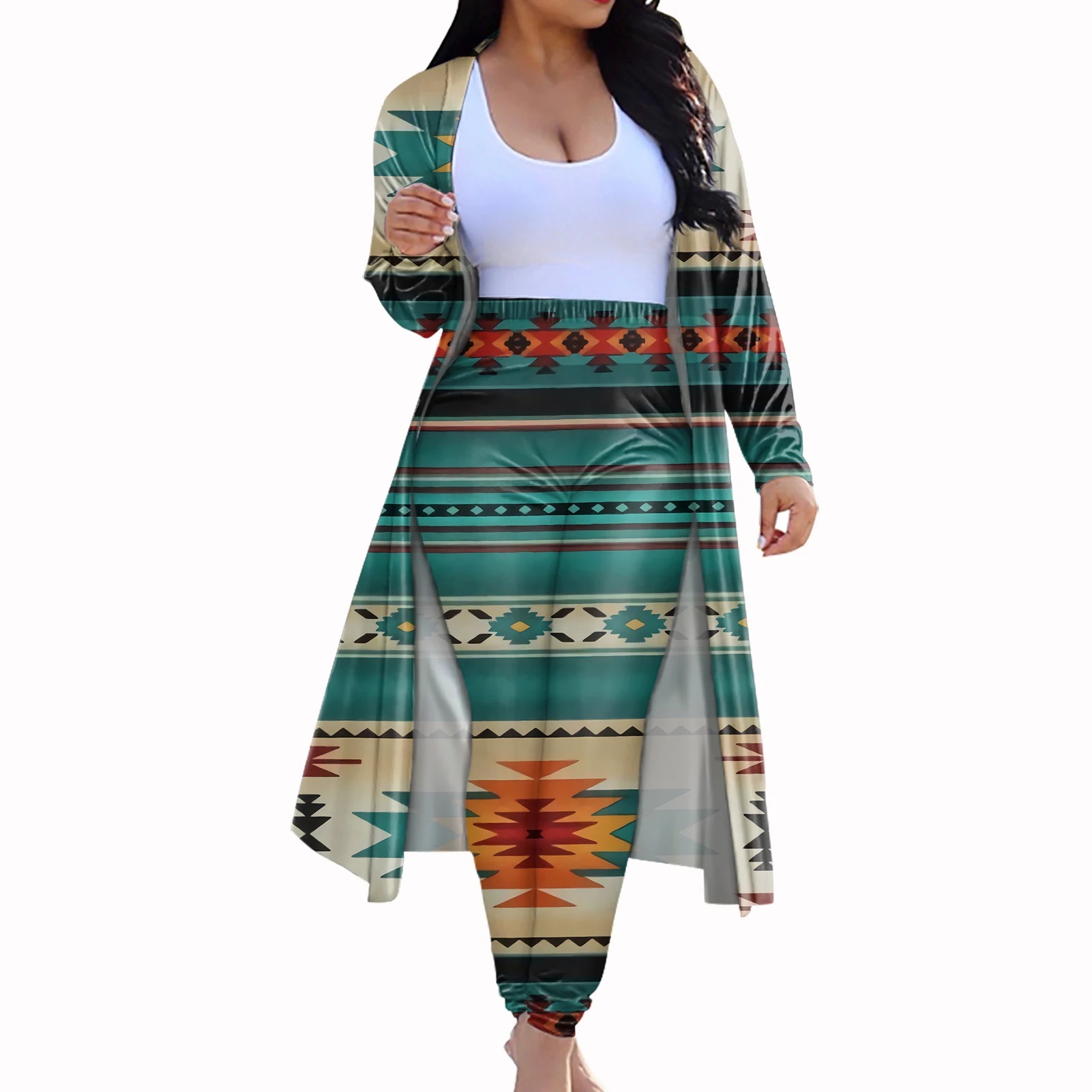 New Arrivals Aztec Design Oversize Cardigan Cloak Skinny Long Pants Women Party Autumn Mexico Tribal Style Kimono Cardigan Sets
