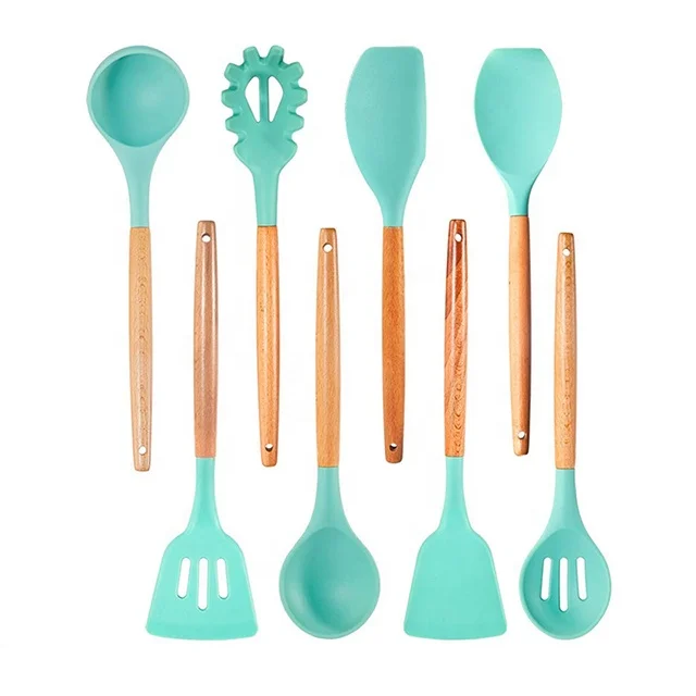 8pcs Green Natural Beech Wooden Silicone Kitchen Utensils Set - Silicone Utensil  Cooking Set - Buy Set Of Silicone Kitchen Utensils 12-inch Green,Funny  Kitchen Set Product on 