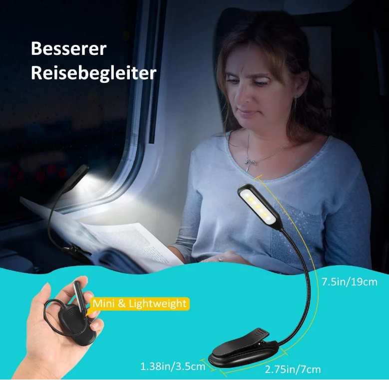 Rechargeable Book Light Mini 7 Led Reading Light 3level Warm Cool