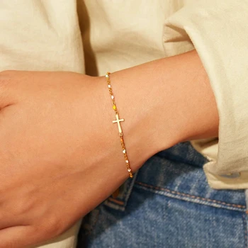 RFJEWEL S925 Sterling Silver Cross Bracelet for Women Trendy Drip Enamel Chain Bangle, Minimalist Christian Gift for Best Friend