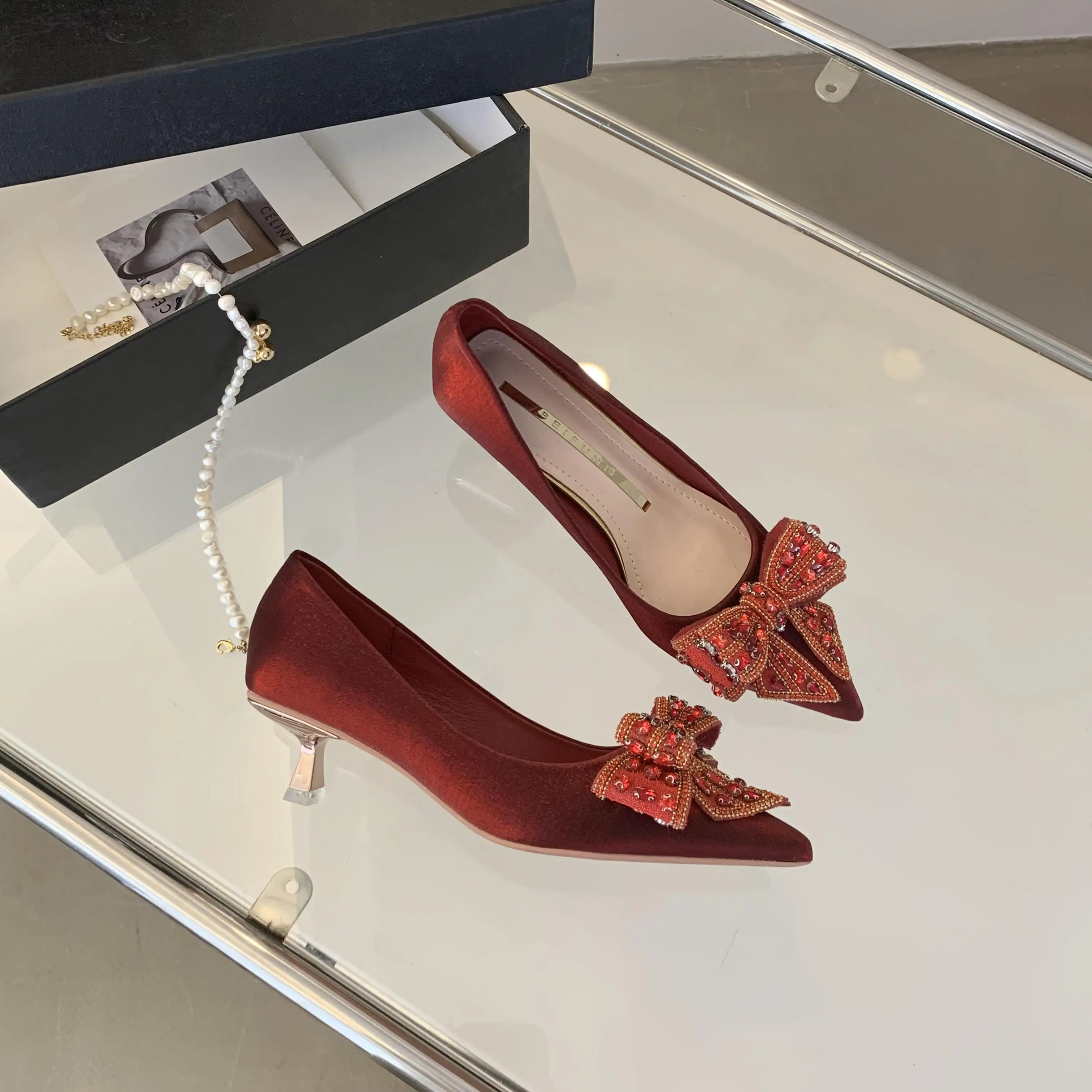 Women's Elegant Red Bridal Shoes with Sparkling Bow High Heels for Wedding  Breathable and Stylish for Summer and Autumn