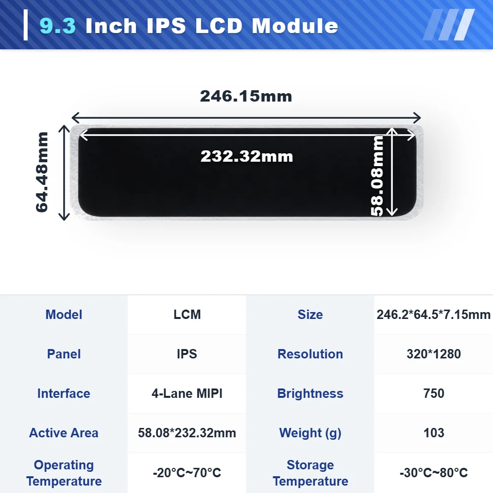 WeiTai Factory Custom 9.30 Inch IPS TFT LCD Screen Module 320x1280 Resolution 750cd/m Brightness -20C~70C Operating details