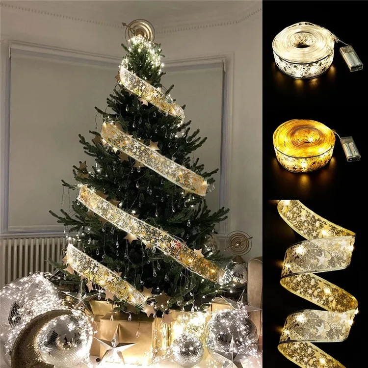 Fairy Garland String Light Waterproof Copper Wire Ribbon Bows Christmas Lights for Party Weddings Holiday Xmas Tree Decorations