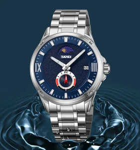 SKMEI 9326 New Arrival Men's Fashionable Business Watch Quartz Pointer Waterproof 3ATM Stainless Steel Case Moon Phase Date