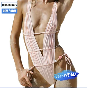 2026 Customized Solid Color Pink Girls Bikini Sexy Deep V One-piece Swimsuit Sexy High-top Swimsuit Beachwear