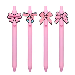 Pink Bow Retractable 0.5mm Plastic Gel Pen for Students Stationery Accessory
