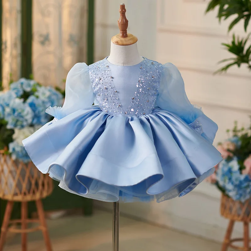 Latest Blue Babies Girl Birthday Dress Long Sleeve Princess Sequin Puffy  Dresses Luxury Dinner Party Wear Gown for Kids Girl