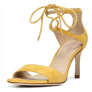 Mustard Yellow Suede Strappy Sandals Ankle Lace up Stiletto Heel Summer Party Evening Dress Shoes Comfort Versatile Wholesale