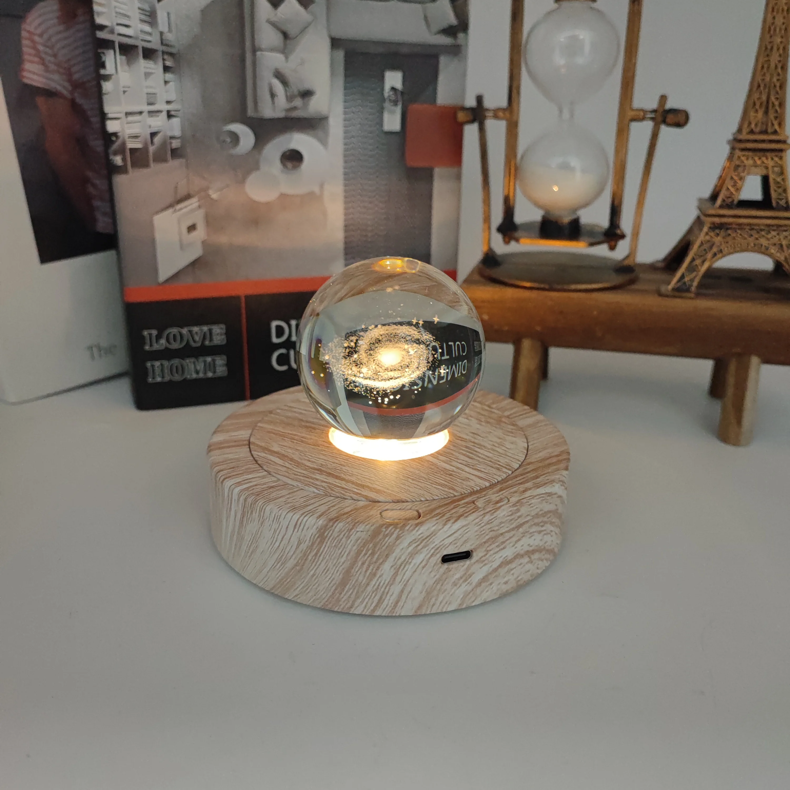 Colorful Led Base Light Rotating Wood Grain Texture Display Base Stand for Crystals Glass Art Crafts