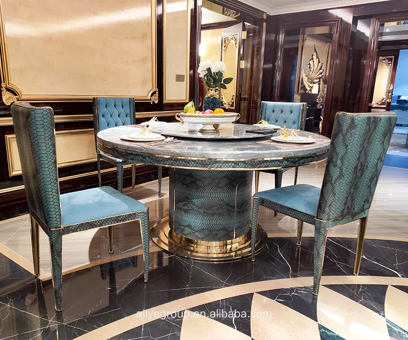 Italian High End Furniture Dining Table with Rotating Centre Dining Room  Sets Round Marble Home Furniture Wooden Solid Wood 1set