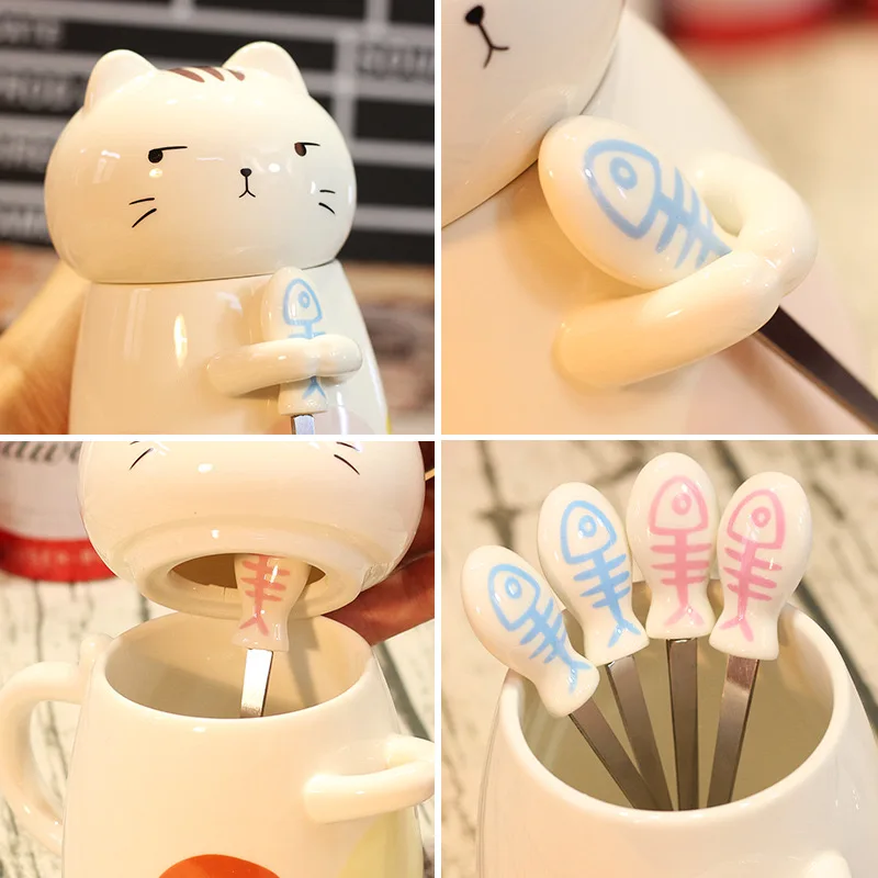 480ml Ceramic Cat-Shaped Mug with Spoon Lid American Style Porcelain Coffee Cup