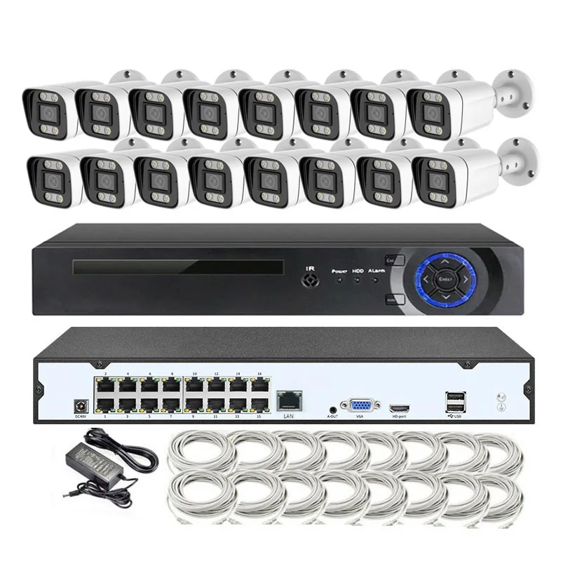 AI Smart Color Night Vision Human Detection 16 Channel Bullet Camera 8MP 4K POE NVR 16CH Security System CCTV Set