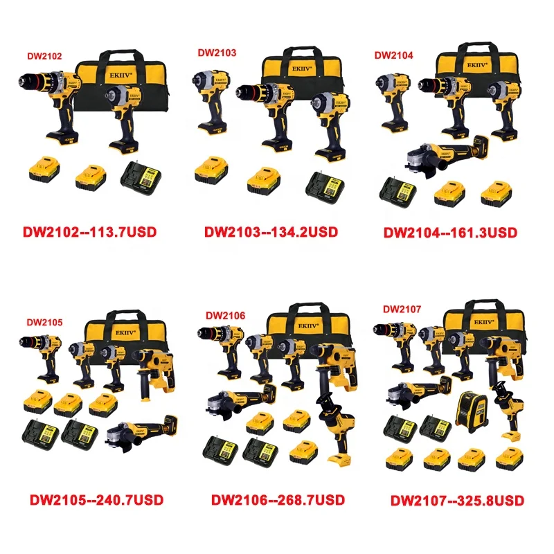 EKIIV 20V Power Tools Rechargeable Lithium Electric Hammer Drill Brushless Angle Grinder Cordless Wrench Combination Tool Set