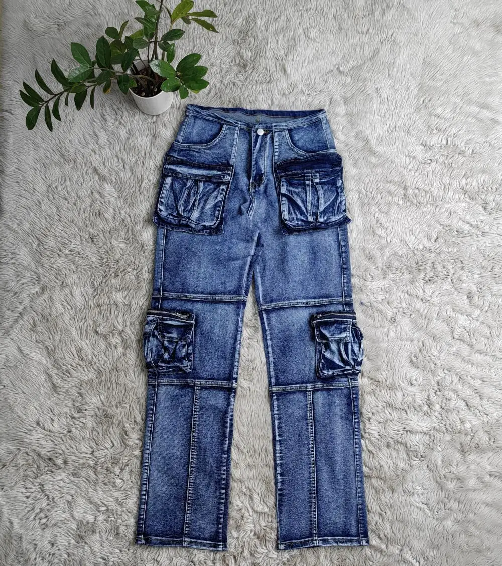 Cargo Jeans Women Big Pocket Loose Female Denim Pants 2024 Spring Winter Casual Straight Trousers with Multi Pockets