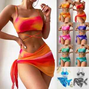 Summer Beachwear Three-Piece Tie Dye Bikini Set for Women Solid Pattern with Mesh Cover up Skirt Push Two-Piece Swimsuit Printed