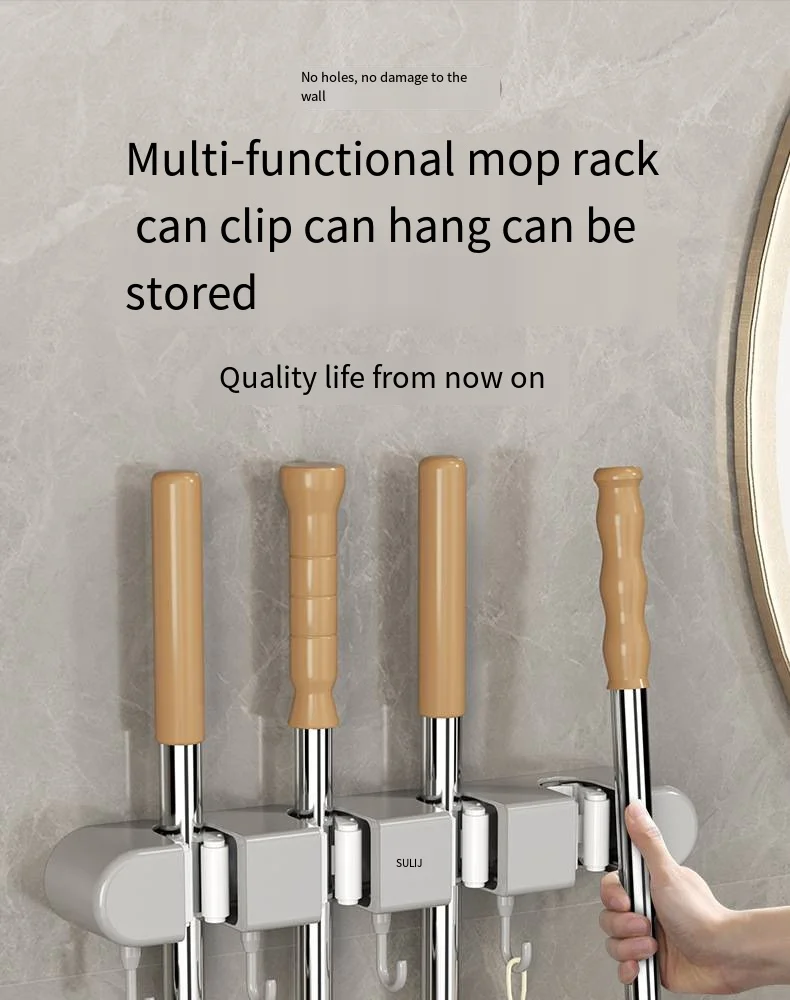 Row of mops clamp bracket punch-free wall hanging bathroom mop storage rack Strong fixed clip broom clip manufacture