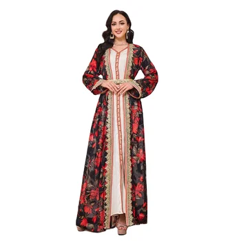 Modern Middle East Abaya Dubai Turkey Solid Color v-neck two piece set long sleeve traditional Muslim clothing for women