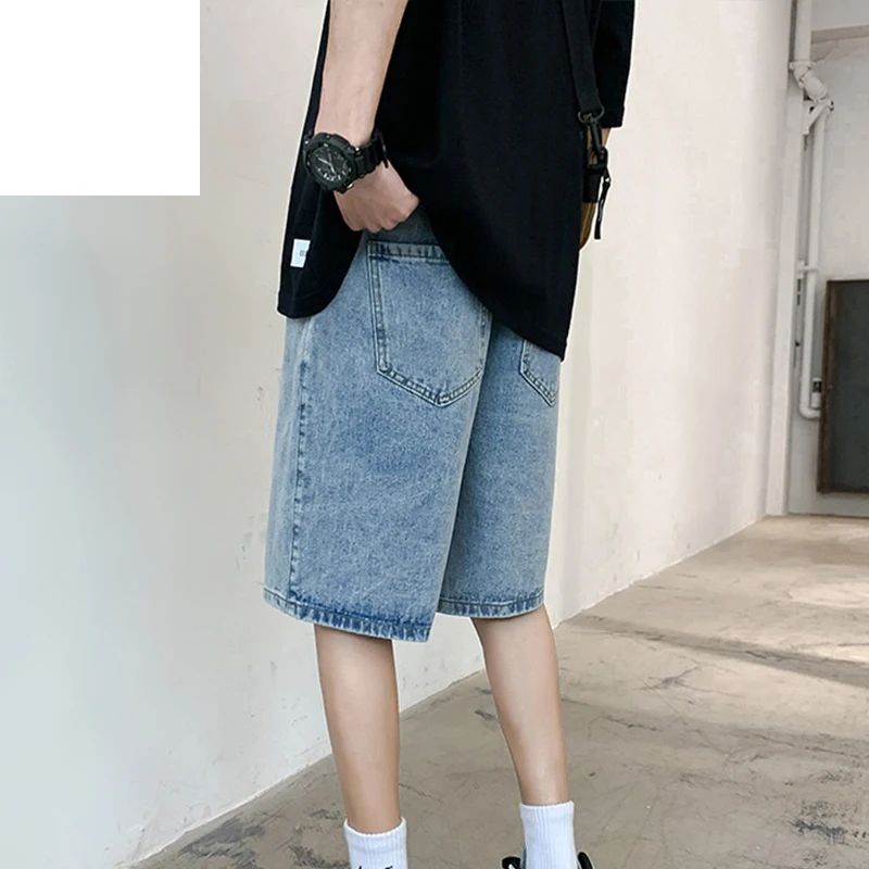 Herren Trendy Denim Shorts Sommer Neue Herren Elastische Taille Hellblau Lose Gerade Jeans Kurze pants139_voghion.com