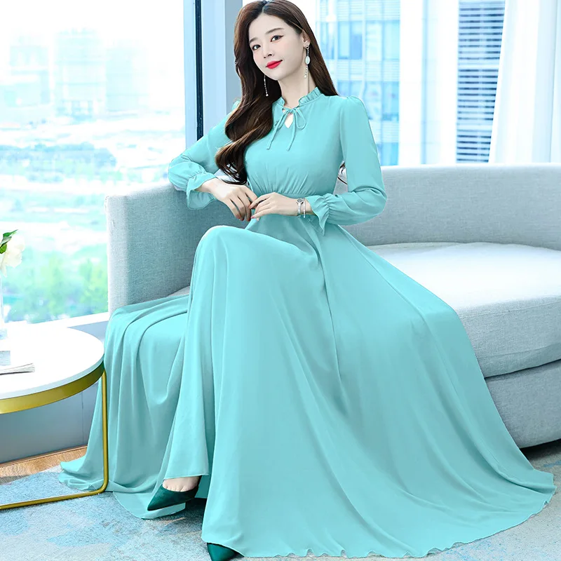Wholesale women's Fit and Flare chiffon long sleeve maxi dress with frills around neckline modest and elegant maxi dress m.alibaba.com