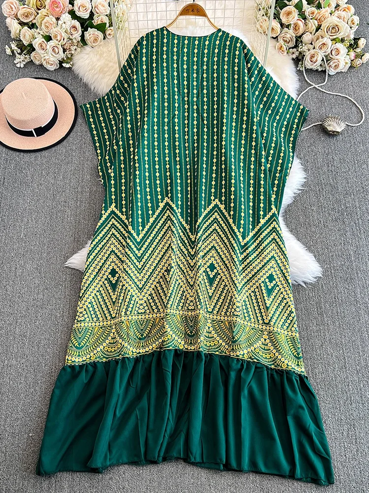 Elegant temperament printed round neck new hot stamping two-piece set women's long skirt+Western loose bata shirt