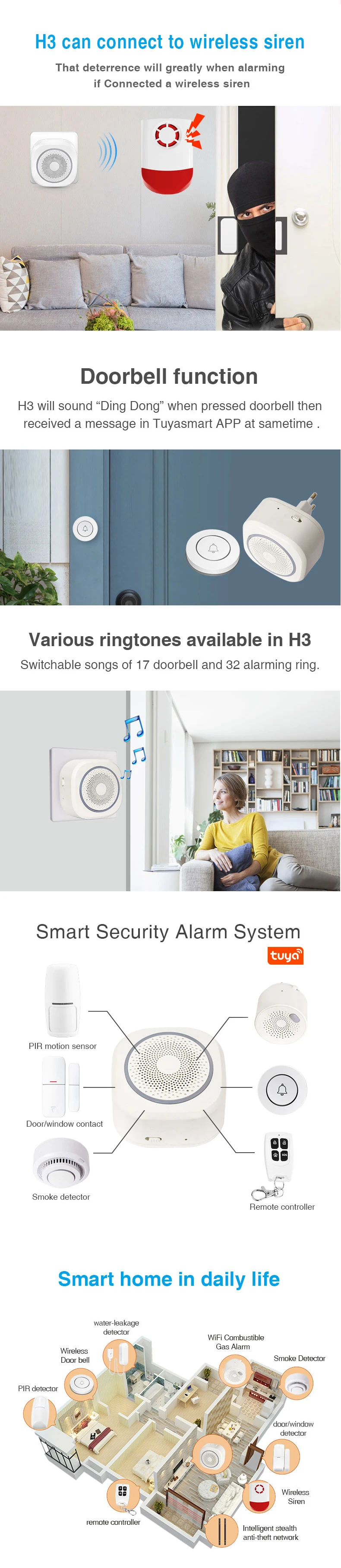 Home Security System Tuya Wireless Alarm System Gateway/Siren/PIR/Door Sensor/Door Bell Compatible with Alexa Google