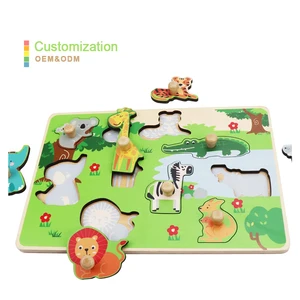 Toddler Puzzles and Rack Set Wooden Zoo Hand Gripper Animal Peg Puzzle Educational Knob Puzzle for Kids Age 2 3 4 Year