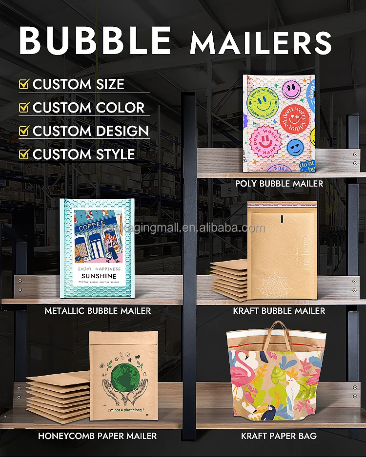 Custom Metallic Bubble Mailer Padded Envelopes With Logo Printed Design Gold Padded Mailer Bags