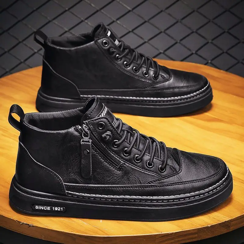 Pu Leather Upper Lace Up Zipper Men's Black Flat Platform Walking Shoes ...