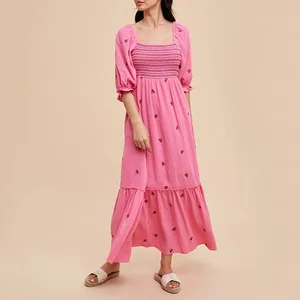 Floral Embroidered  Gauze Midi Dress Pink Smocked Maxi Length Dress