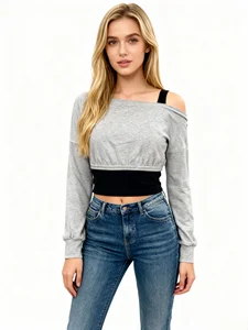 Spring/Autumn Cotton Spandex French Terry Light Luxury Off-Shoulder Like Two-Piece Top Sexy Crop Long Sleeve Top for Streetwear