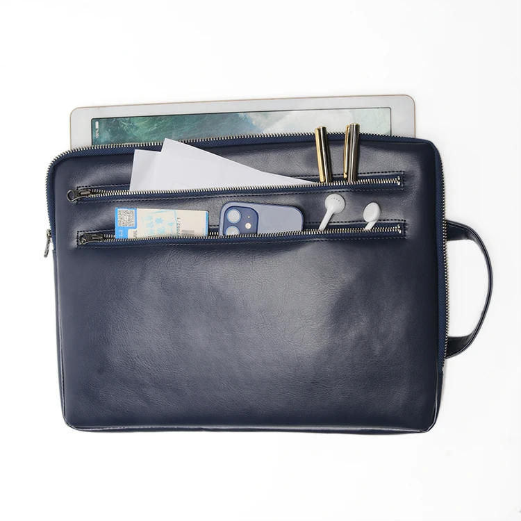 High Quality Luxury Real Leather Navy Computers Trolley Bag With