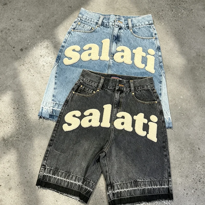 Custom Light Wash Rhinestone Patchwork Casual Baggy Cargo Men Denim Jorts Nylon/Cotton Breathable Summer Streetwear Plus Size gallery 3
