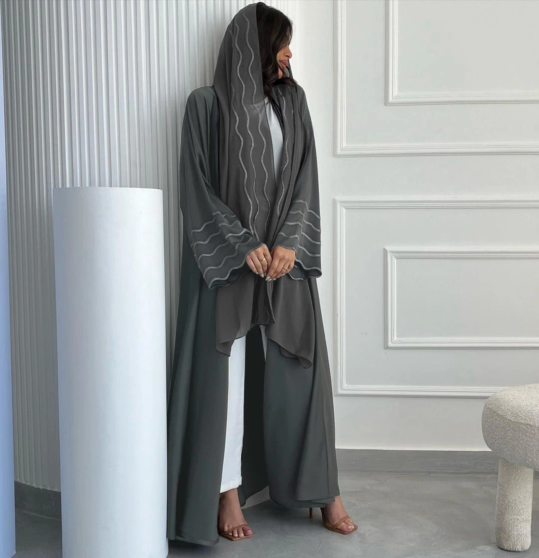 Women's Eid Muslim Wave Embroidery Hijab Abaya Long Dubai Kaftan Robe with Polyester Scarf Cardigan Party Dresses for Jalabiya