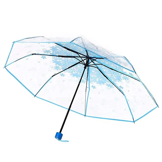 High Quality 3 Fold Transparent clear Folding Umbrella with Sakura Cherry Flower Printing on the Top