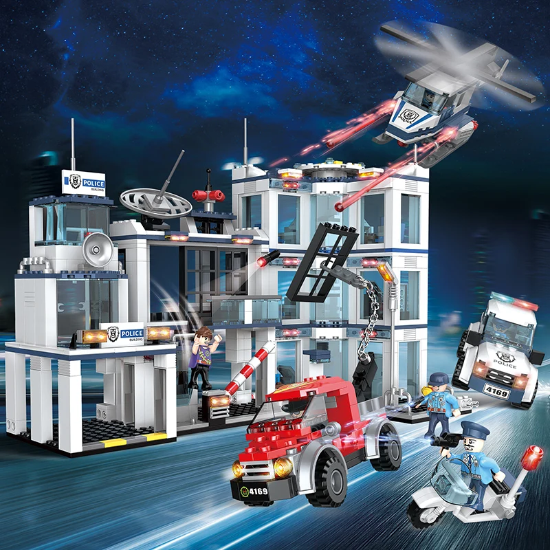 COGO Kids Plastic DIY Build Block Bricks Police Station Helicopter Building Blocks Toys Set